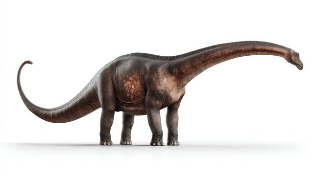 Majestic Brontosaurus dinosaur with long neck and tail standing on a white background. A detailed 3D render of a Brontosaurus, a herbivorous sauropod dinosaur from the Jurassic period