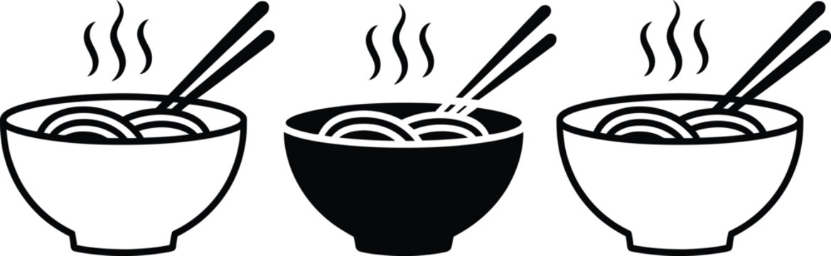 Three bowls of steaming noodle soup with chopsticks