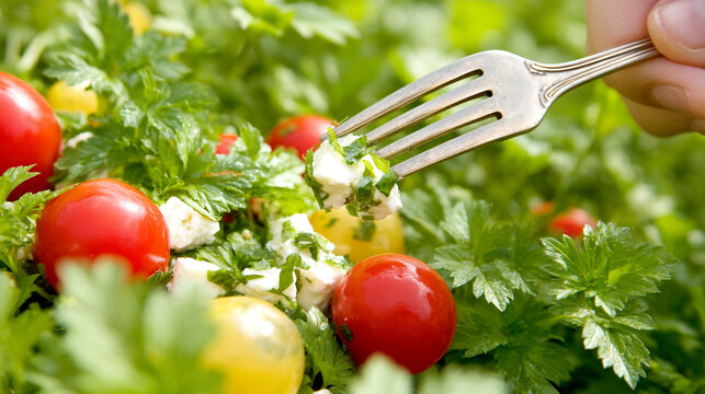Close-up of a fork picking up fresh green salad with cherry tomatoes and white