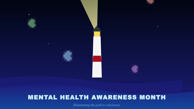 Lighthouse animation with rotating searchlight and floating puzzle pieces over dark blue ocean for mental health awareness month campaign.