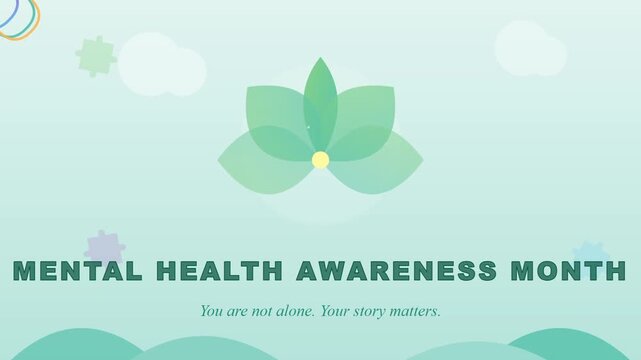 Mental health awareness month typography with green lotus icon and floating puzzle pieces on teal gradient background for wellness campaign.