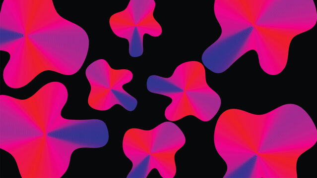 Abstract Liquid Fluid Shapes with Pink and Purple Vibrant Conical Gradients on Black Background