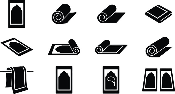 Black Silhouette Icons of Islamic Prayer Mats and Accessories namaz salah