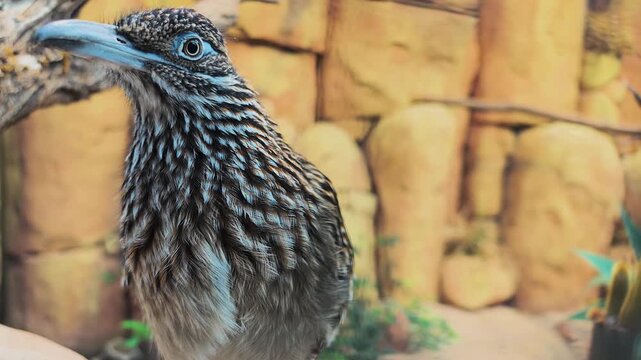 Close up of a roadrunner bird head sitting on a tree branch beside a rock wall looking around on a cloudy summer day