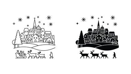 Winter village landscape with sleigh and reindeer icon set in outline and solid black vector illustration for holiday and Christmas design themes © Zenith