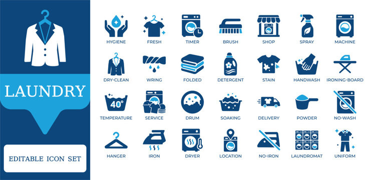 Laundry and Cleaning Service Icons. Featuring washing machine, dry cleaning, ironing, detergent, and fabric care symbols. Professional duotone vector set for housekeeping and service apps