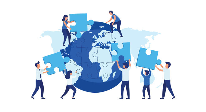 Strategic global team collaboration and cross-border partnership solving complex business challenges with unified vision