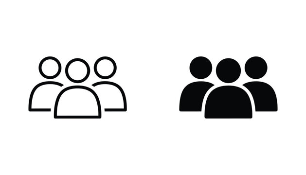 Group of three people icon set in outline and solid black style for user interface design and team communication concepts