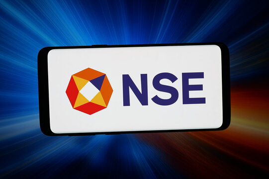 Stuttgart, Germany - 04-27-2026: In this photo illustration, the logo of National Stock Exchange of India Ltd. (NSE) is displayed on a smartphone in front of abstract background on computer screen.
