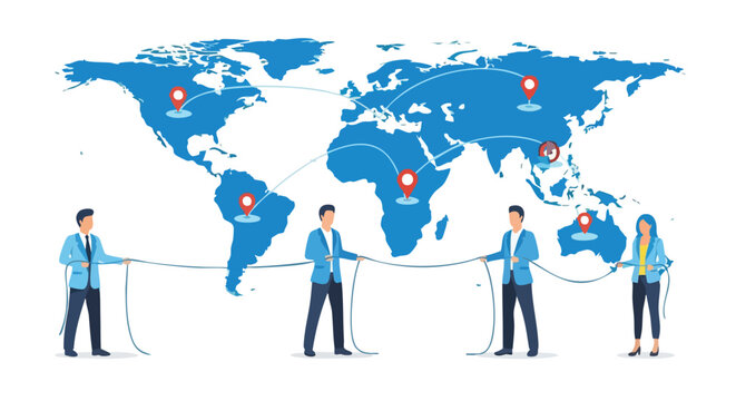 Global business professionals synchronizing international supply chain and corporate logistics strategy