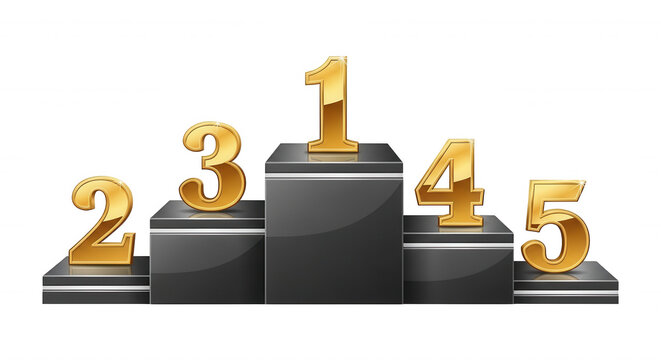 A black tiered winners podium with shiny gold numbers one through five displayed on of each block against a black background