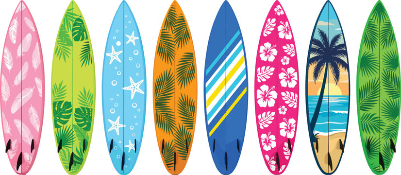 Colorful Surfboard Collection with Tropical Floral and Beach Patterns Hand Drawn Vector Summer Illustrations