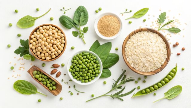 Bowls and scoops filled with various grains, legumes, and seeds are surrounded by fresh green leaves on a white background.