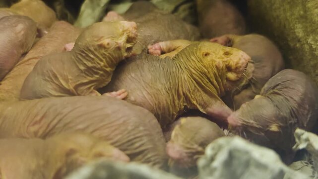 Close up of pile up naked mole rates resting together on each other in the underground burrow
