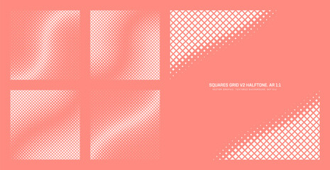 Assorted vector light red white squares grid halftone pattern set in square 1:1 aspect ratio including twisted diagonal frame and various curved textures. Varied half tone graphic design elements pack © yamonstro