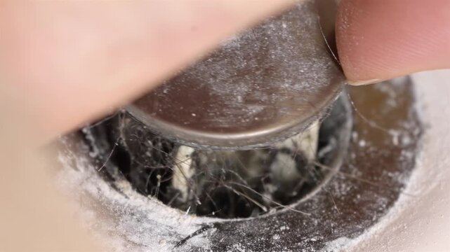 Clogged sink drain with hair and limescale being cleaned by hand