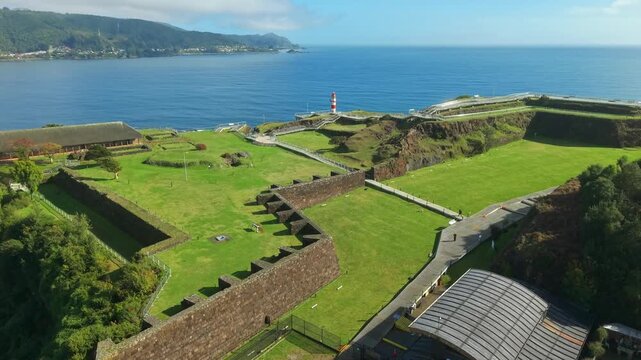 Aerial Dolly In of Niebla Fort and Lighthouse Coastal Valdivia Chile Travel Landmark