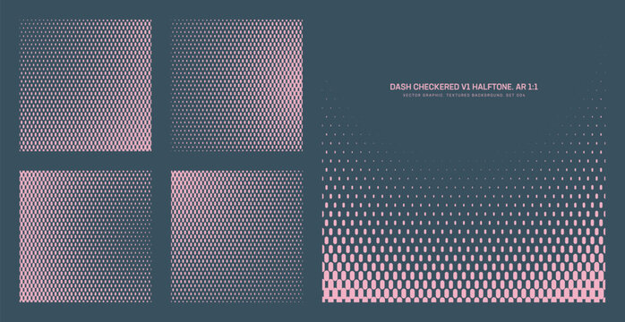 Assorted vector lilac blue checkered dash halftone pattern set in square 1:1 aspect ratio including smooth blurred rounded border and various radial textures. Dotted half tone design element pack