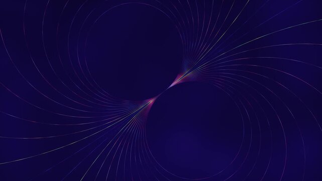 Abstract futuristic digital background with elegant rainbow-colored lines converging in a cosmic dark purple vortex