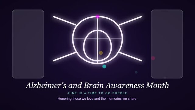 Neon Alzheimer&rsquo;s and Brain Awareness Month animation with glowing geometric brain icon and elegant typography on dark purple background for medical charity social media campaign.