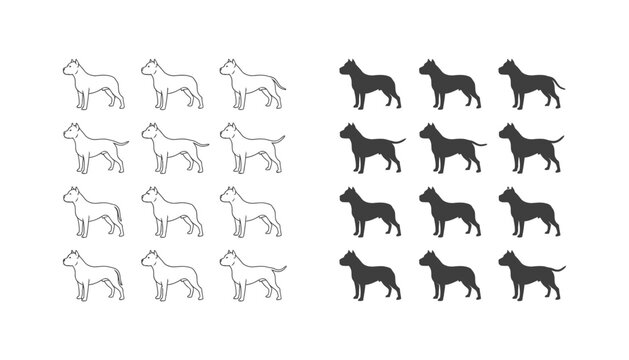 Set of pitbull dog silhouettes and outlines in various positions for pet grooming and animal care branding assets