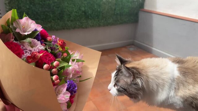 Fluffy ragdoll cat reaches paw and pulls green leaf from pink flower bouquet wrapped in kraft paper on terrace. Funny pet and floral gift 4K footage for lifestyle content.