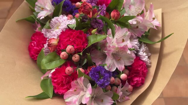 Mixed pink flower bouquet with carnations alstroemeria chrysanthemums and berries wrapped in kraft paper. Top view 4K video footage for floral and gift content design.