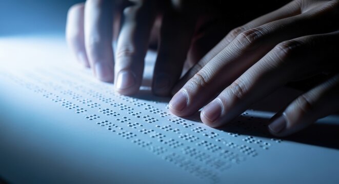 Hands typing on raised braille textured keyboard surface under dim lighting fingers