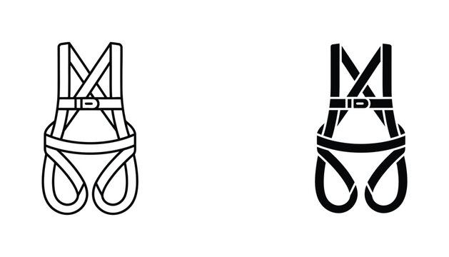 Industrial safety harness icons in outline and solid black styles representing fall protection equipment for construction and workplace safety designs