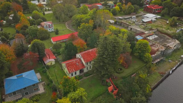 Aerial Dolly In of Maurice van de Maele Museum and Carlos Anwandter House Valdivia Chile