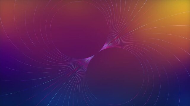 mesmerizing digital animation with thin iridescent glowing lines that spiral through a vibrant purple and orange gradient