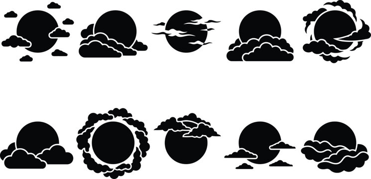 Celestial Icons Featuring Sun and Clouds in Silhouette moon