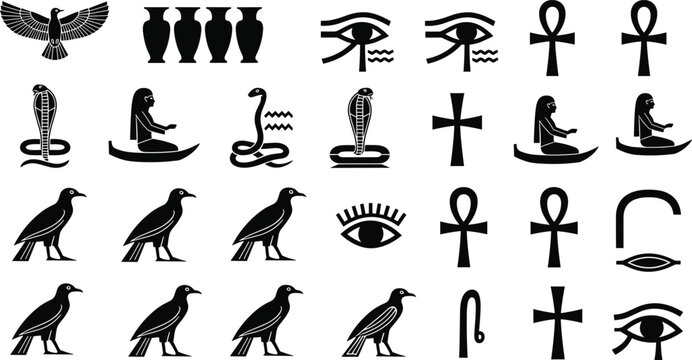 Egyptian Hieroglyph Icon Collection Featuring Birds, Cobras, Eyes, Ankhs, Humans, and Ancient Symbols in Stylized Black Silhouette Vector Designs