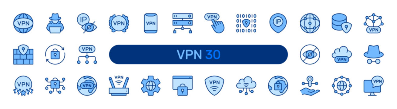 VPN filled icon set. Virtual Private Network, Cybersecurity, Data Security, Internet Privacy, Encrypted concept. Blue vector icons collection.