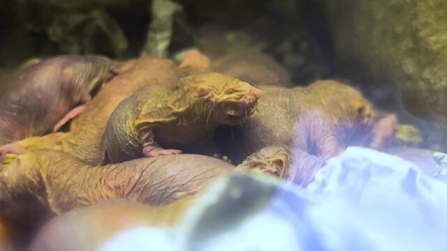 Close up of pile up naked mole rates resting together on each other in the underground burrow
