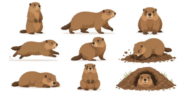 Several brown marmots are gathered around and digging in a dirt mound outdoors.