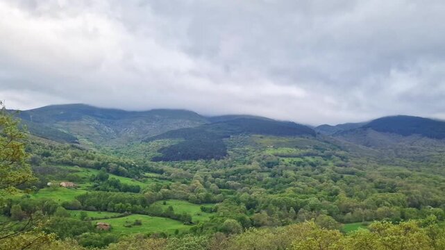 Majestic aerial view of the lush green valley in the bejar and candelario mountains in salamanca