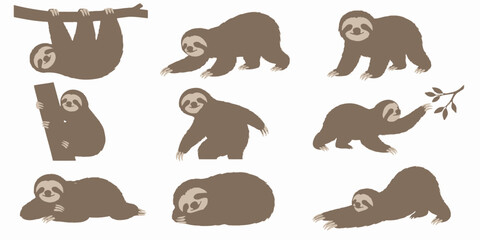 Fototapeta premium Brown sloth silhouettes hanging and lying in various relaxed positions
