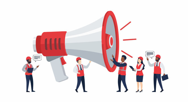 Construction Workers with Huge Megaphone Illustration for Industrial Announcement, Labor Communication, and Corporate Safety News