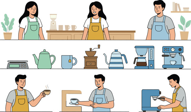 Coffee shop staff and barista workflow illustration featuring brewing equipment serving beverages and cafe preparation process