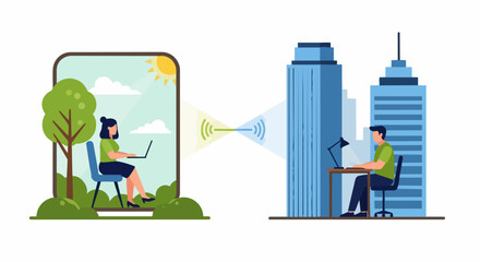 Fototapeta premium Remote Work and Global Connectivity Flat Vector Illustration with People Working in Nature and Office