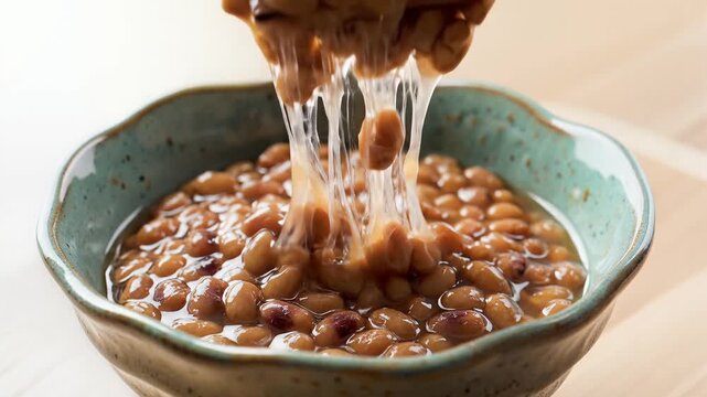 Closeup of sticky fermented soybeans being lifted with chopsticks.