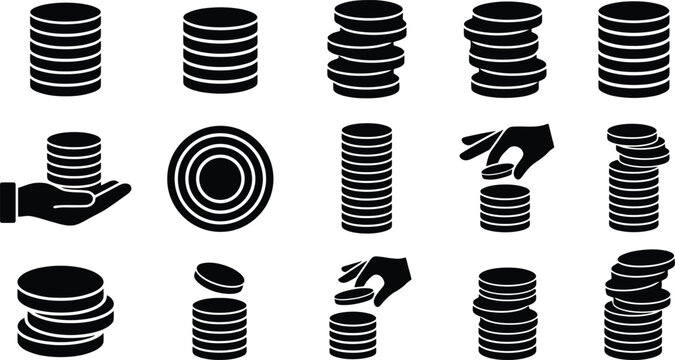 Collection of black coin stack icons and hand holding coins on white background money finance
