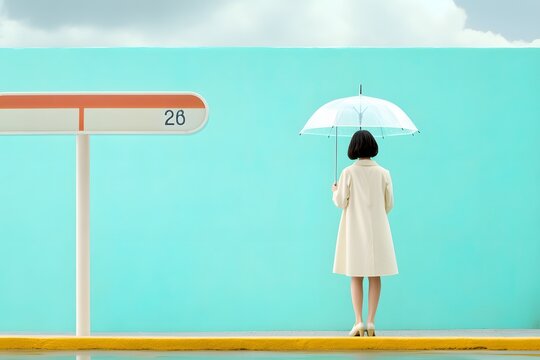 A full body illustration of a young woman with short dark hair standing in front of a bus stop sign holding a clear umbrella