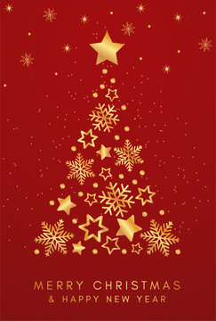 Merry Christmas and Happy New Year! Greeting card or invitation template featuring a golden Christmas tree on a red background.