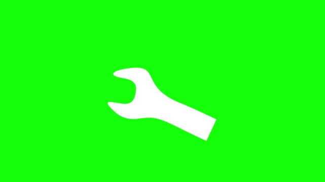 A white wrench icon rotating animatedly on a green background. Animation of repairing and tightening a nut or bolt.
