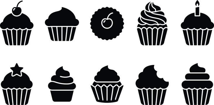Collection of Black Cupcake Icons with Various Toppings and Styles muffin dessert