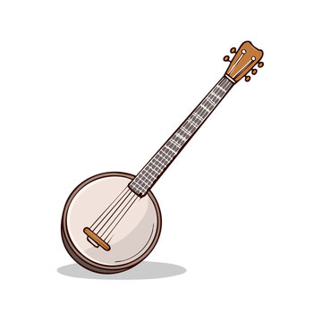 A cartoon illustration of a four-stringed banjo with a round body and wooden neck