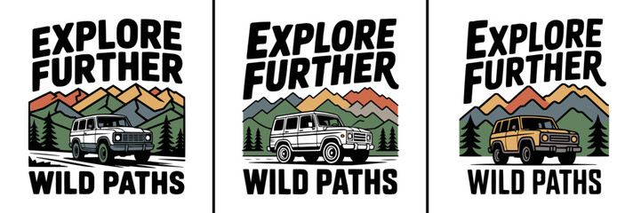 Obraz premium Offroad vehicle adventure design with mountains and forest typography elements