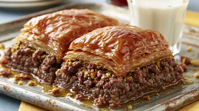 Two rich walnut baklava pastries with drink on wooden board middle eastern phyllo dough